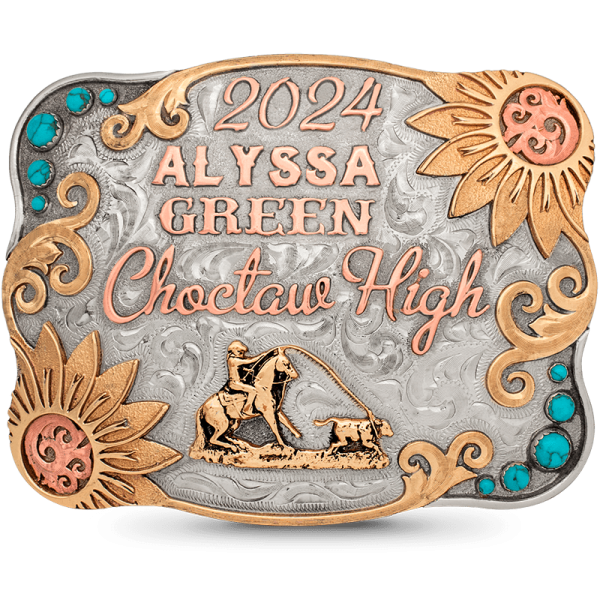 A custom women's belt buckle with turquoise stones for Alyssa Green Choctaw High School featuring a calf roping figure and sunflowers 